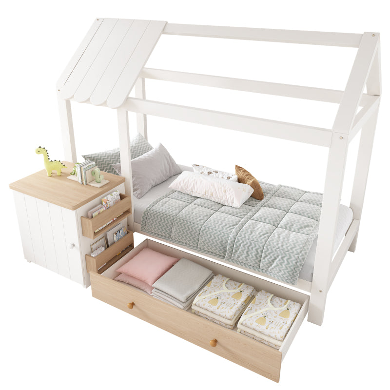 Hausbett Kinderbett 90x200 cm aus Massivholz mit Schubladen & abnehmbarem Nachttisch - Bodenbett in Weiß und Eichenweiß, ohne Matratze