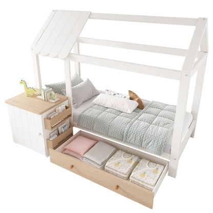 Hausbett Kinderbett 90x200 cm aus Massivholz mit Schubladen & abnehmbarem Nachttisch - Bodenbett in Weiß und Eichenweiß, ohne Matratze