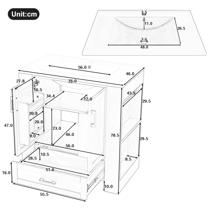 76 x 46 x 78.5cm Bodenstehender Badezimmerschrank, Waschtisch,komplett lackiert, Doppeltürregale, geräuschlose Schubladen, Regale auf beiden Seiten, integriertes Keramikwaschbecken, blau