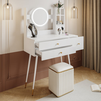 Schminktisch(Ohne Stühle), mit Spiegel einstellbare Helligkeit, mit 3 Schubladen, luxuriöses vergoldetes Zubehör, High-End Schminktisch mit mehreren Stauräumen, Weiß