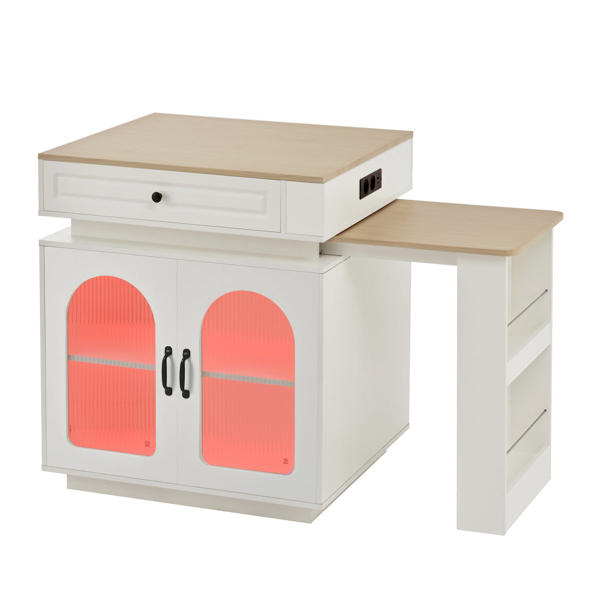 Kücheninsel mit Rollen, ausziehbarer Esstisch 128–200 cm mit LED & Steckdosen, Bartisch/Sideboard