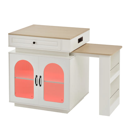 Kücheninsel mit Rollen, ausziehbarer Esstisch 128–200 cm mit LED & Steckdosen, Bartisch/Sideboard