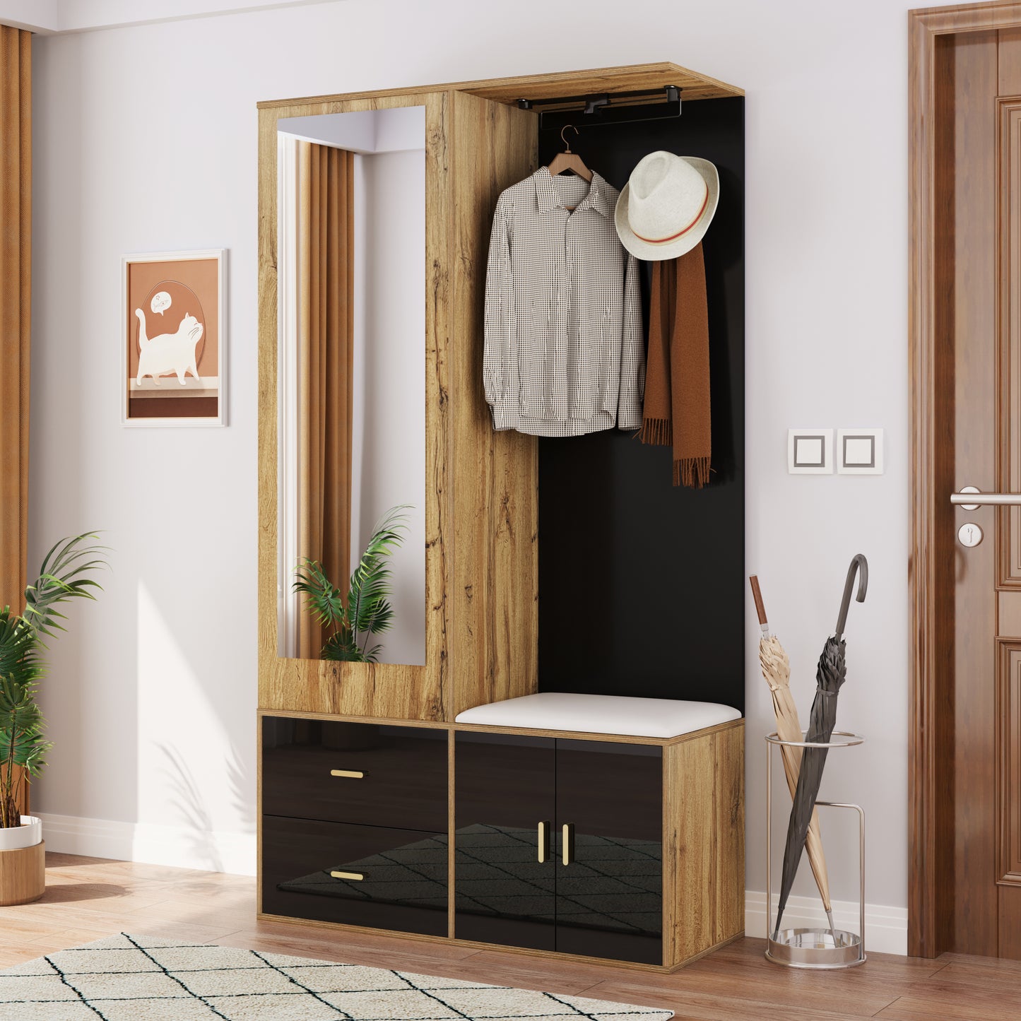 Elegantes Kleiderschrank Set in Schwarz und Holzfarbe mit Spiegel, Schuhschrank, Schuhbank mit Haken und ausziehbaren Kleiderbügeln.