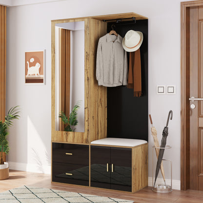 Elegantes Kleiderschrank Set in Schwarz und Holzfarbe mit Spiegel, Schuhschrank, Schuhbank mit Haken und ausziehbaren Kleiderbügeln.