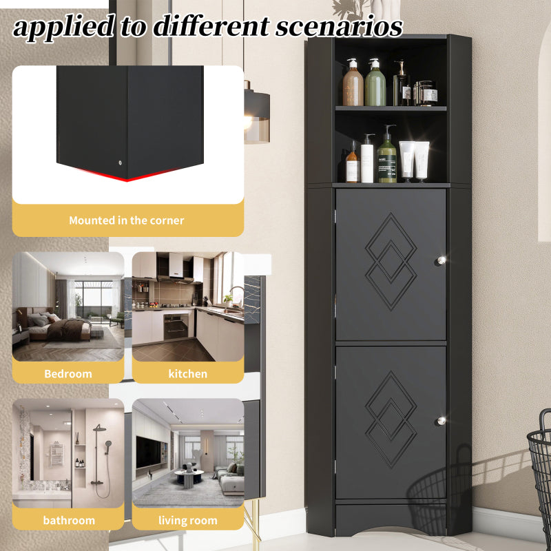 Badschrank, Badmöbel, Eckschrank mit zwei Ablagefächern, offenes Fach mit verstellbarem Einlegeboden, 36.5x 36.5 x 155 cm, schwarz
