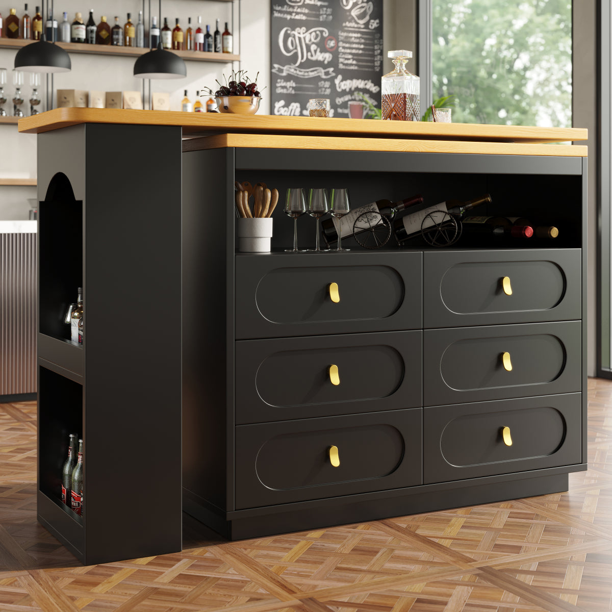 Bartisch ausziehbar 138-203cm, 360° drehbarer Stehtisch mit 6 Schubladen & Snack-Regal, moderner Küchentisch, Schreibtisch & Bar, Schwarz