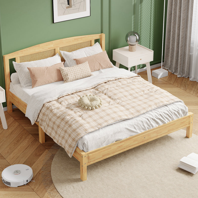 Doppelbett, Rattanbett, Jugendbett Erwachsenenbett 160X200cm, Rattannetzkissen, mit 15 Latten und Mittelfüße, Kiefer + PE-Rattan, Natur