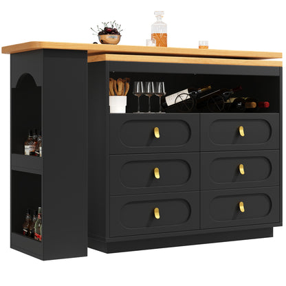 Bartisch ausziehbar 138-203cm, 360° drehbarer Stehtisch mit 6 Schubladen & Snack-Regal, moderner Küchentisch, Schreibtisch & Bar, Schwarz