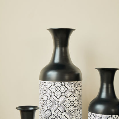 3er Set Bodenvase Metall, Schwarz-Weiß, Retro Stil, 83/65/50 cm hoch