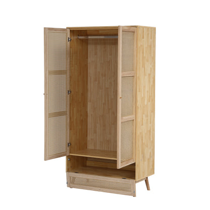 Kleiderschrank mit Stange, 2-türiger Kleiderschrank, Schlafzimmer, Rattannetz, Wohnzimmer, mit unterem Flip-Top-Deckel, Spanplatten+PE-Rattan, Natur