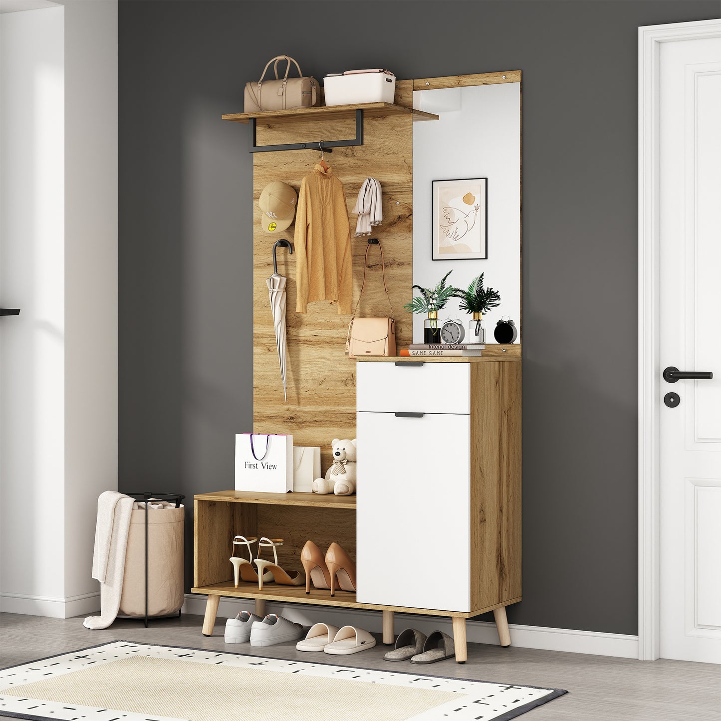 Multifunktionales Garderobenset aus Holz mit Spiegel, Schuhbank, Schuhschrank, Schublade, Regal und Kleiderhaken – Modernes Design mit hydraulischen Scharnieren und praktischem Stauraum