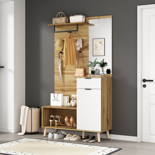 Multifunktionales Garderobenset aus Holz mit Spiegel, Schuhbank, Schuhschrank, Schublade, Regal und Kleiderhaken – Modernes Design mit hydraulischen Scharnieren und praktischem Stauraum