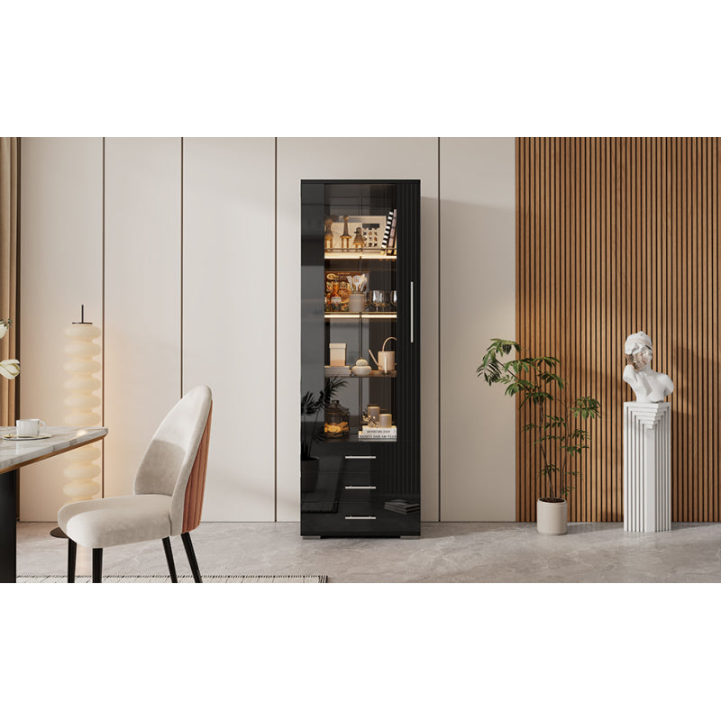 Schwarz Hochglanz Vitrine, Vitrine Glasvitrine , Standvitrine mit LED-Beleuchtung, Vertikale Vitrine mit 3 Schubladen, 60*35*180cm