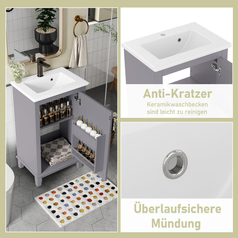 51x34x83cmBodenstehender Badezimmerschrank, Waschtisch, komplett lackiert, Türregale, verstellbare Regale, integriertes Keramikwaschbecken, geeignet für kleine Räume, Grau