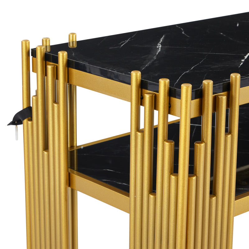 Mid-Century Modern Wohnzimmer Beistelltisch, Konsolentisch, Schwarzer Korpus mit goldenen Beinen, Doppelschicht MDF, Belastbarkeit bis 40 kg
