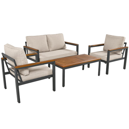 Loungeset, Gartenmöbel-Set mit Rahmen aus verzinktem Stahl, (breites Set, 4-teiliges Esstisch-Set, 1x 2-Sitzer-Sofa, 2x Einzelstühle, 1x Tisch), Akazienholz Tischplatte und Armlehnen,Beige