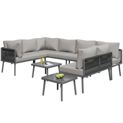 Eisen Garten Loungesessel Set, U-förmiges Gartenmöbel Set, balkon möbel, Wetterfestes Outdoor Ecksofa, terassenmöbel außen, für 8 Personen, mit 2 Tischen und 4 Zweisitzer-Sofas, Kissen inklusive, vers