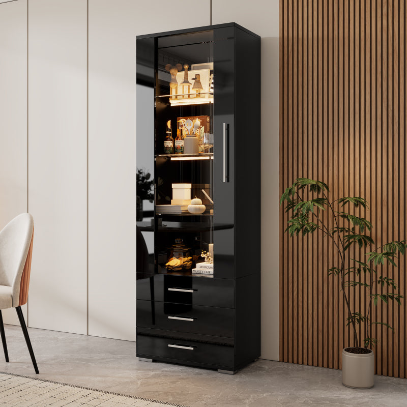 Schwarz Hochglanz Vitrine, Vitrine Glasvitrine , Standvitrine mit LED-Beleuchtung, Vertikale Vitrine mit 3 Schubladen, 60*35*180cm