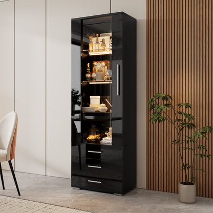 Schwarz Hochglanz Vitrine, Vitrine Glasvitrine , Standvitrine mit LED-Beleuchtung, Vertikale Vitrine mit 3 Schubladen, 60*35*180cm