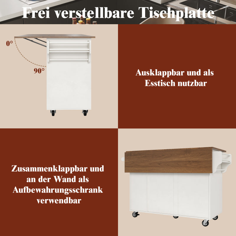 Küchenwagen, herausnehmbarer Esswagen mit offenen Ablagefächern, Handtuchhalter und Gewürzregal, verstellbare Trennwände, Küchenbuffet, Tischplatte mit Holzmaserung, weiß