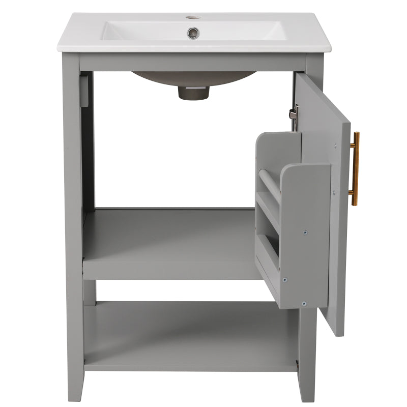Badmöbel Einzelwaschtisch,Waschtischunterschrank 60 cm mit Keramikwaschbecken,mit Ablage,hellgrau
