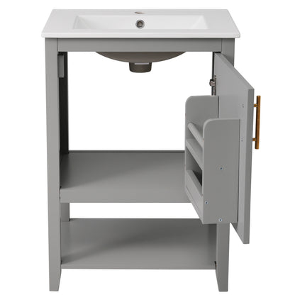 Badmöbel Einzelwaschtisch,Waschtischunterschrank 60 cm mit Keramikwaschbecken,mit Ablage,hellgrau