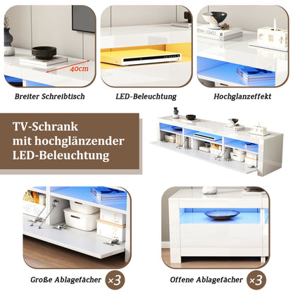 Weißer Hochglanz-TV-Schrank mit LED-Beleuchtung und Stauraum, weißes niedriges Paneel, bietet Platz für 80-Zoll-Fernseher, TV-Unterschrank mit herunterklappbarer Schranktür, 190 x 24 x 40 cm