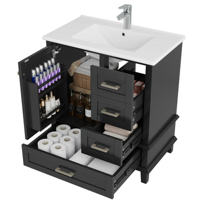 Badezimmerschrank 73x45,5x83,5 cm mit Keramikwaschbecken, 3 Soft-Close-Schubladen, Türregal, verstellbarem Fach, Schwarz