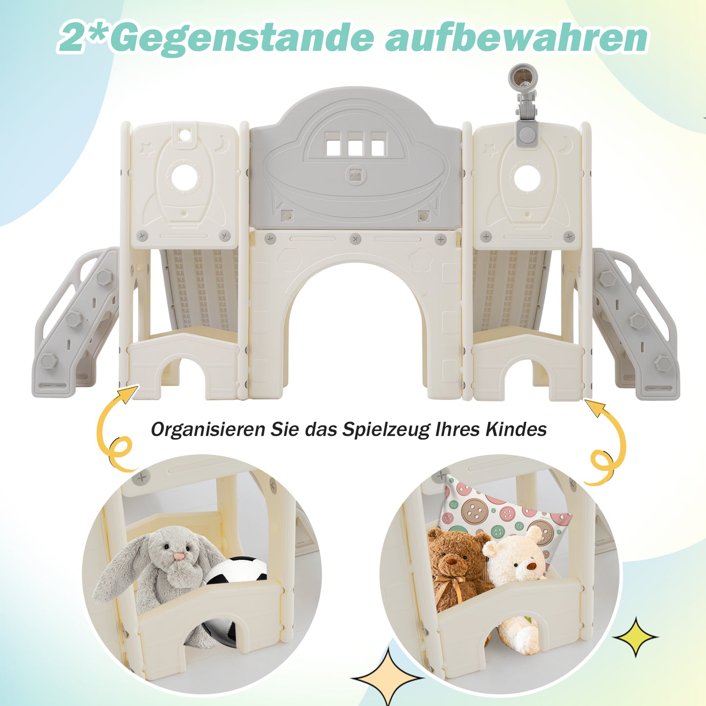 8 in 1 Kinderrutsche Kletterspielzeug, Multifunktionsrutsche mit 2 Rutschen, freistehende Rutsche, Klettern, Bohrspiel, Stauraum, Spielkorridor, Basketballkorb, Lasso-Spiel, Teleskop. Hergestellt aus