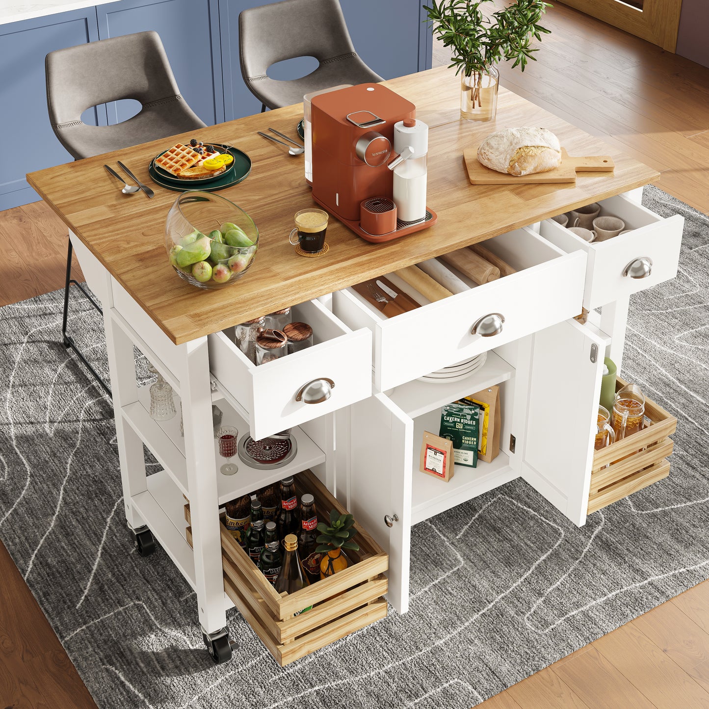 Moderne Kücheninsel Küchenschrank 120x45x90cm Esszimmerwagen mit Kiefernkorb Multifunktions Esstisch Holzmaserung Aufbewahrungskorb Weiß