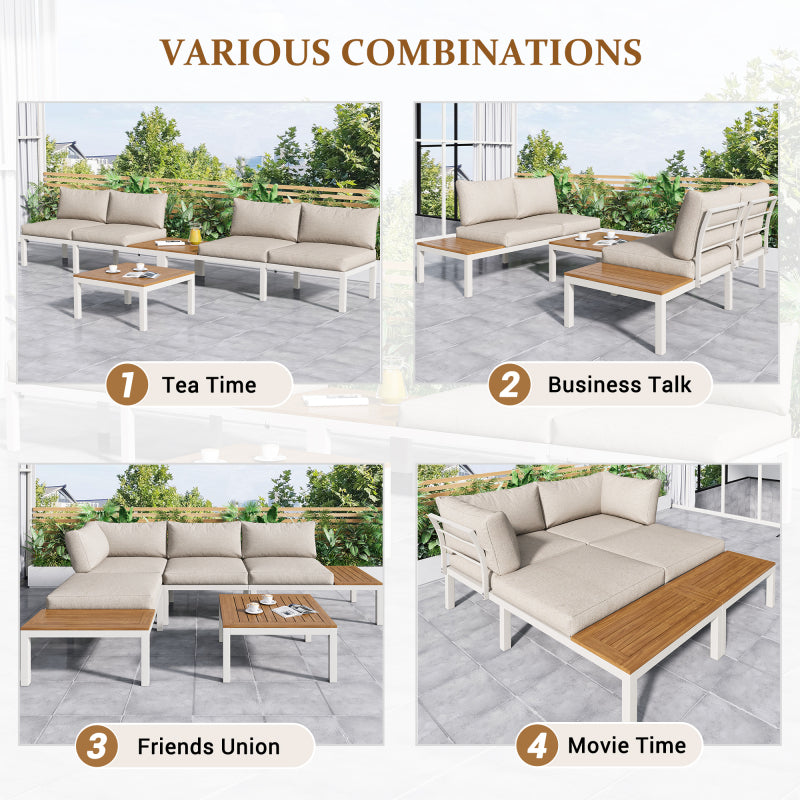 Garten-Loungesessel-Set, Gestell aus verzinktem Stahl, (2x Zweisitzer, 2x Beistelltische, 1x Tisch), Akazienholzplatte, Stoffbezug zur Bespannung der Rückenlehne, beige(previous sku:HW00005AAW)