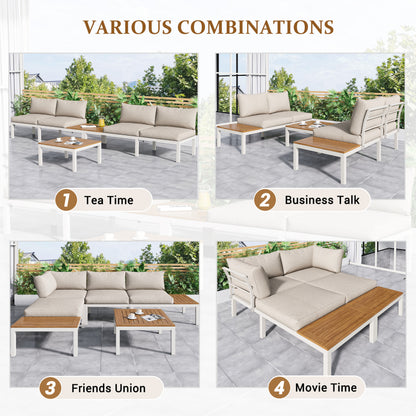 Garten-Loungesessel-Set, Gestell aus verzinktem Stahl, (2x Zweisitzer, 2x Beistelltische, 1x Tisch), Akazienholzplatte, Stoffbezug zur Bespannung der Rückenlehne, beige(previous sku:HW00005AAW)