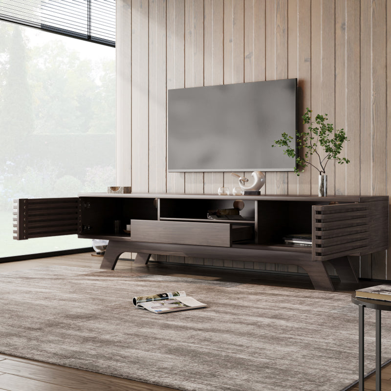 TV-Schrank mit einer Schublade und zwei Türen, TV-Möbel, TV-Panel, TV-Lowboard, TV-Schrank. Einzigartiges Design, Vintage-Holzfarbe.