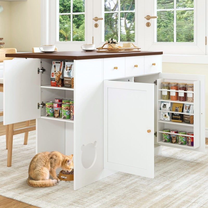 Kücheninsel, Küchenwagen & Sideboard mit Schubladen, Gewürzregal, Haustierfressbereich (ohne Katzensteller), Weiß + Nussbaumfarbe