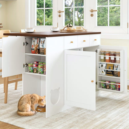 Kücheninsel, Küchenwagen & Sideboard mit Schubladen, Gewürzregal, Haustierfressbereich (ohne Katzensteller), Weiß + Nussbaumfarbe