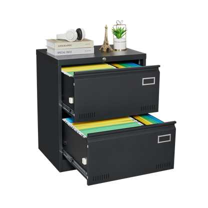 2 Drawer Metal Lateral File Cabinet with Lock,Office Vertical Files Cabinet for Home Office/Legal/Letter/A4,Locking Metal File Cabinet,Assembly Required (Black,with 2 Drawer)