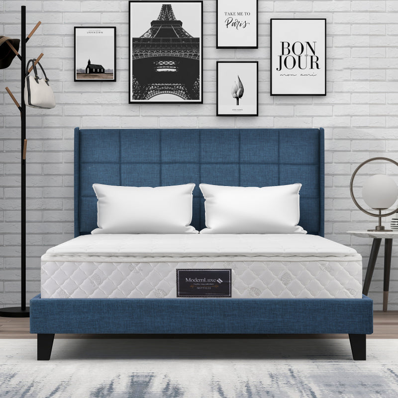 Polsterbett Mit seinem gepolstertes Kopfteil Doppelbett mit Lattenrost, 140x200cm ,in Blau Leinen,  mittelfest (Mit Federkernmatratze)