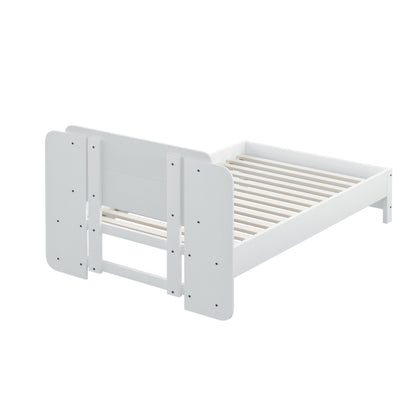 Holzbett 90*200 cm , Einzigartige und Minimalistische Form, Kopfteil mit Liniendesign, Kindereinzelbett, Weiß