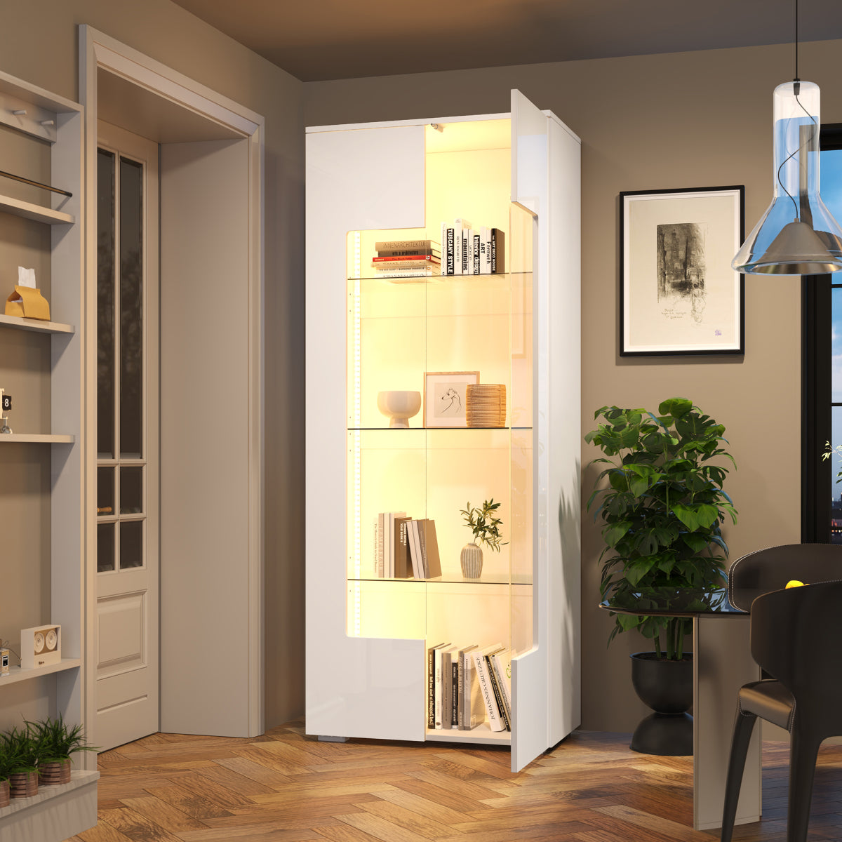 Vitrine LED App-Steuerung, 173 cm, Hochglanz Weiß, Acryl/Glas, Kippschutz