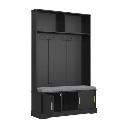 Garderobenständer mit  Schuhbank, Garderobe,  6 Dreifach-Haken,freistehend, platzsparend, für Eingangsbereich,Flur, Schwarz