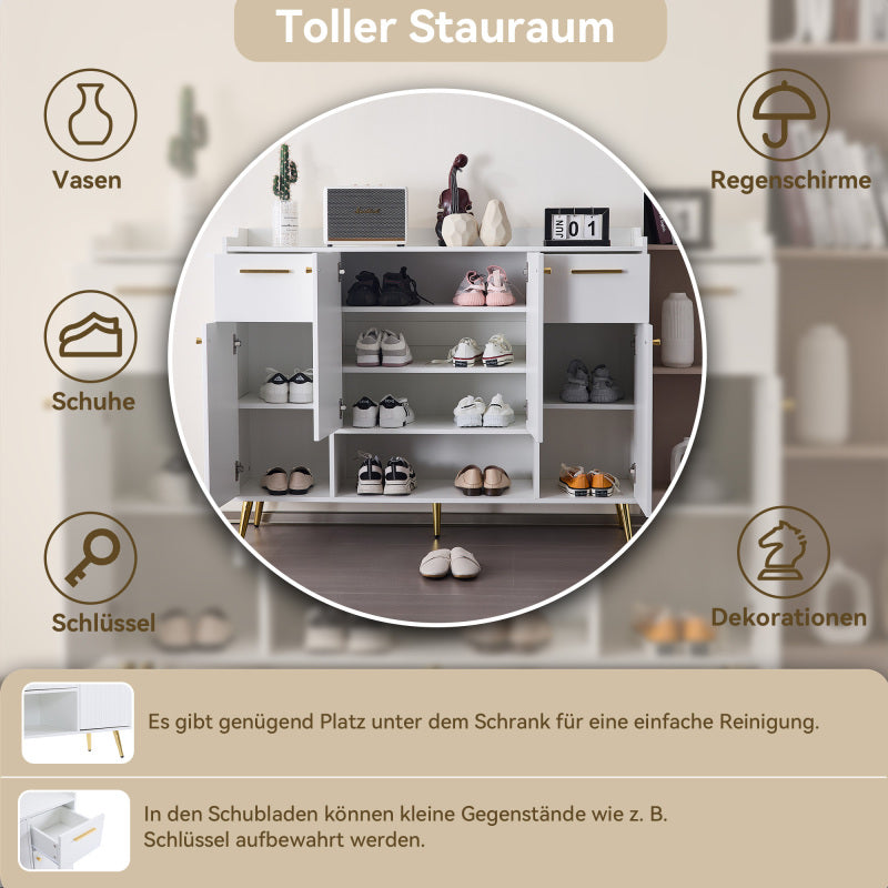 Schuhschrank, Schuhregal mit 2 Schubladen und 4 Türen, Metallfüße, weiß
