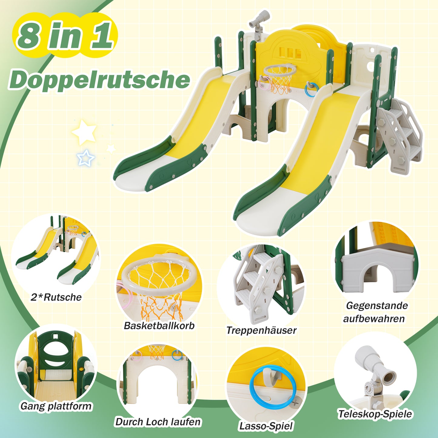 8 in 1 Kinderrutsche Kletterspielzeug, Multifunktionsrutsche mit 2 Rutschen, freistehende Rutsche, Klettern, Bohrspiel, Stauraum, Spielkorridor, Basketballkorb, Lasso-Spiel, Teleskop