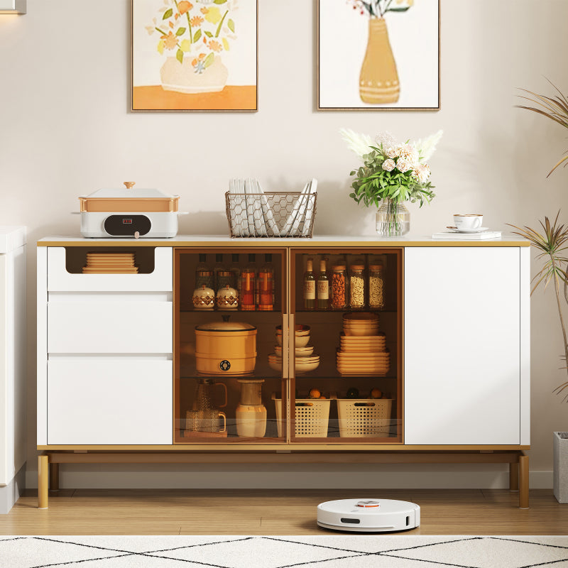 Elegantes Sideboard 150Lx40Bx80H cm, weiß, Arbeitsplatte aus Marmor, goldene Zierleiste - Moderner Stauraumschrank mit Glas- und Holzfächern