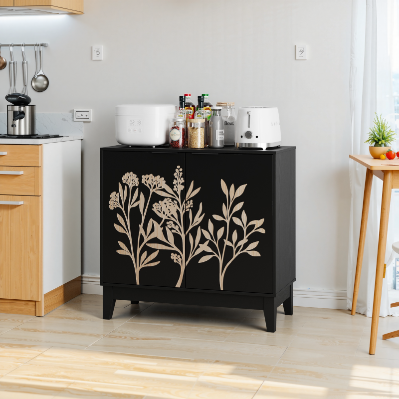 Vintage Buffetschrank mit Schnitzerei, 2 Türen & verstellbaren Regalen – Holz Sideboard für Wohnzimmer, Küche & Esszimmer, Schwarz