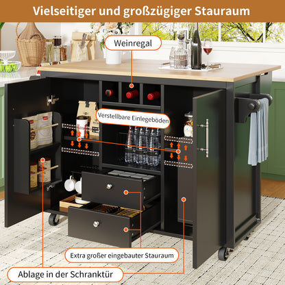 Kücheninsel Buffetschrank 120x73x92cm Küchenwagen klappbare Arbeitsplatte Handtuchhalter Gewürzregal Weinregal verstellbare Böden Küchenschrank Schwarz