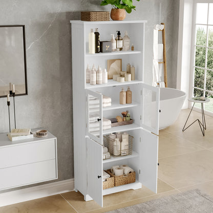 57.5 x 28.5 x 160cm Badezimmer-Hochschrank mit Stauraum, feuchtigkeitsbeständige Farbe, Glasschranktür, Holzschranktür, zwei offene Ablagefächer, verstellbare Trennwände, einfache Textur, weiß