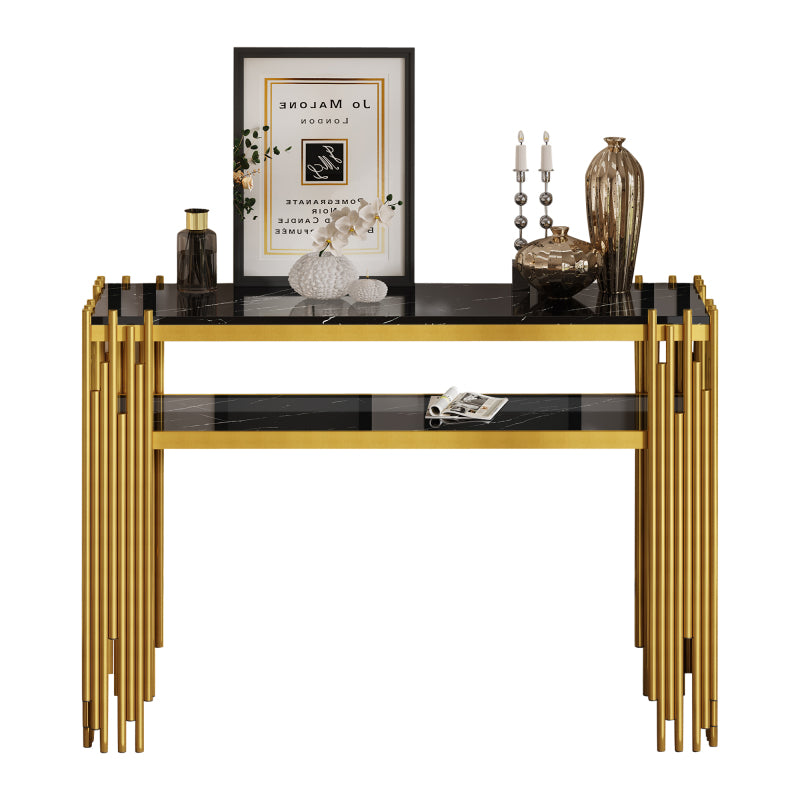Mid-Century Modern Wohnzimmer Beistelltisch, Konsolentisch, Schwarzer Korpus mit goldenen Beinen, Doppelschicht MDF, Belastbarkeit bis 40 kg