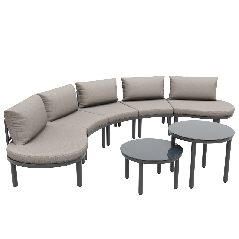 Gartenmöbel-Set (5-Sitzer), 2 Couchtische aus gehärtetem Glas, verzinkter Eisenrahmen, bequeme Gartenmöbel mit grauen Sitzpolstern und Kissen, mit verstellbaren Beinen, elegantes abgerundetes Sofa