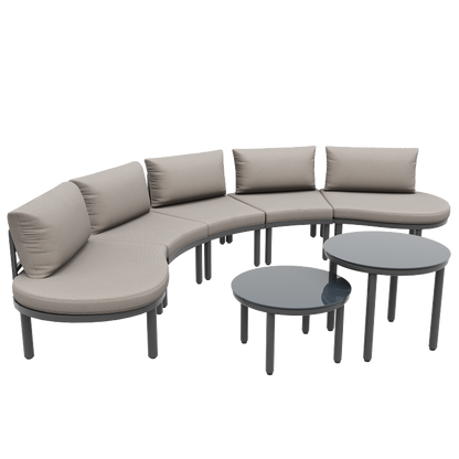 Gartenmöbel-Set (5-Sitzer), 2 Couchtische aus gehärtetem Glas, verzinkter Eisenrahmen, bequeme Gartenmöbel mit grauen Sitzpolstern und Kissen, mit verstellbaren Beinen, elegantes abgerundetes Sofa