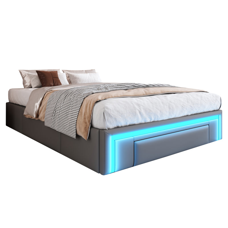 Bettgestell 140X200 mit Schubladen, PU-Leder Bett ohne Kopfteil Mit LED-Lichtleiste, MetalllattenPlattformbett für moderne Schlafzimmer Grau